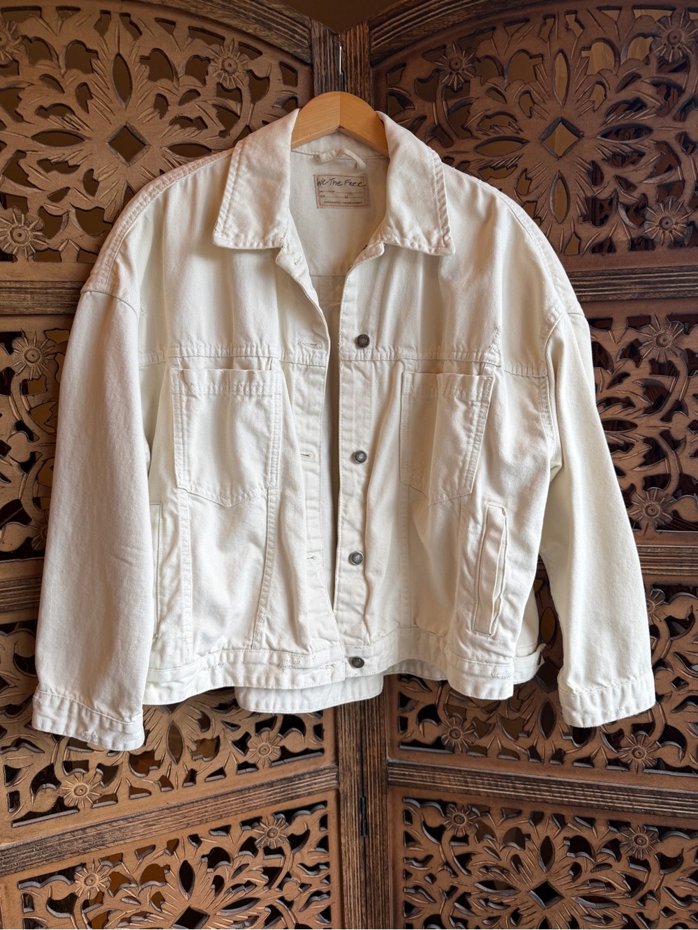 Free People Cream Oversized Distressed Denim Jacket, M